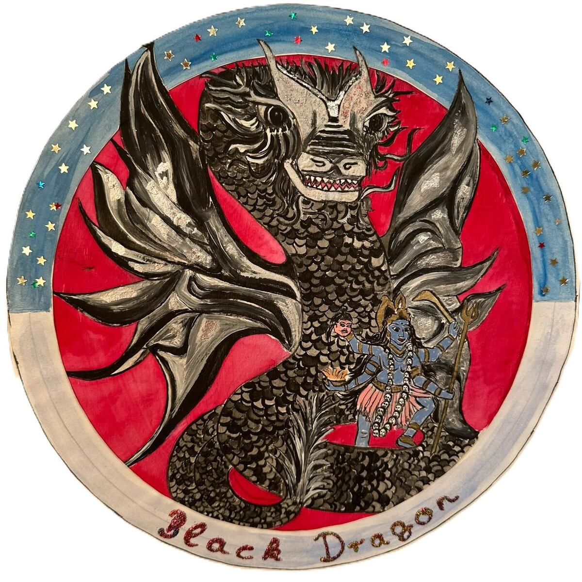 Black Dragon, gemalte Orakelkarte mit Sternenhimmel
