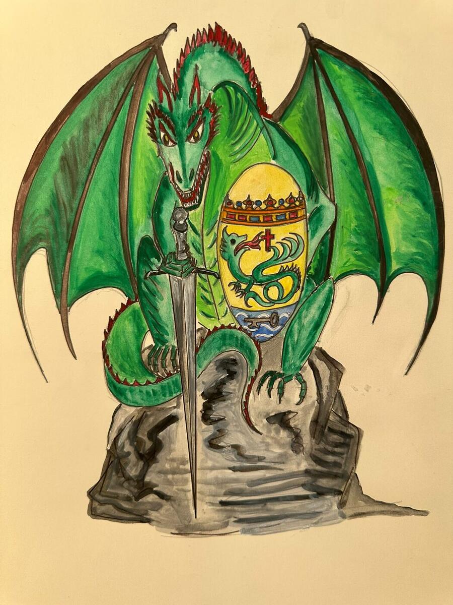 Grüner Drache mit Schwert und Wappen, Puerto de la Cruz