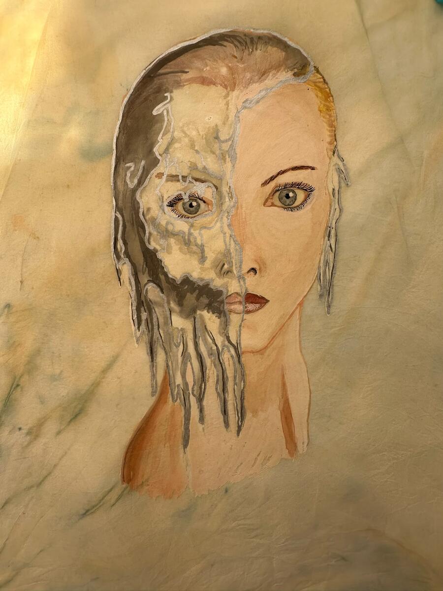 Porträt mit geteiltem Gesicht, halb aufgelöst, Nadja Auermann