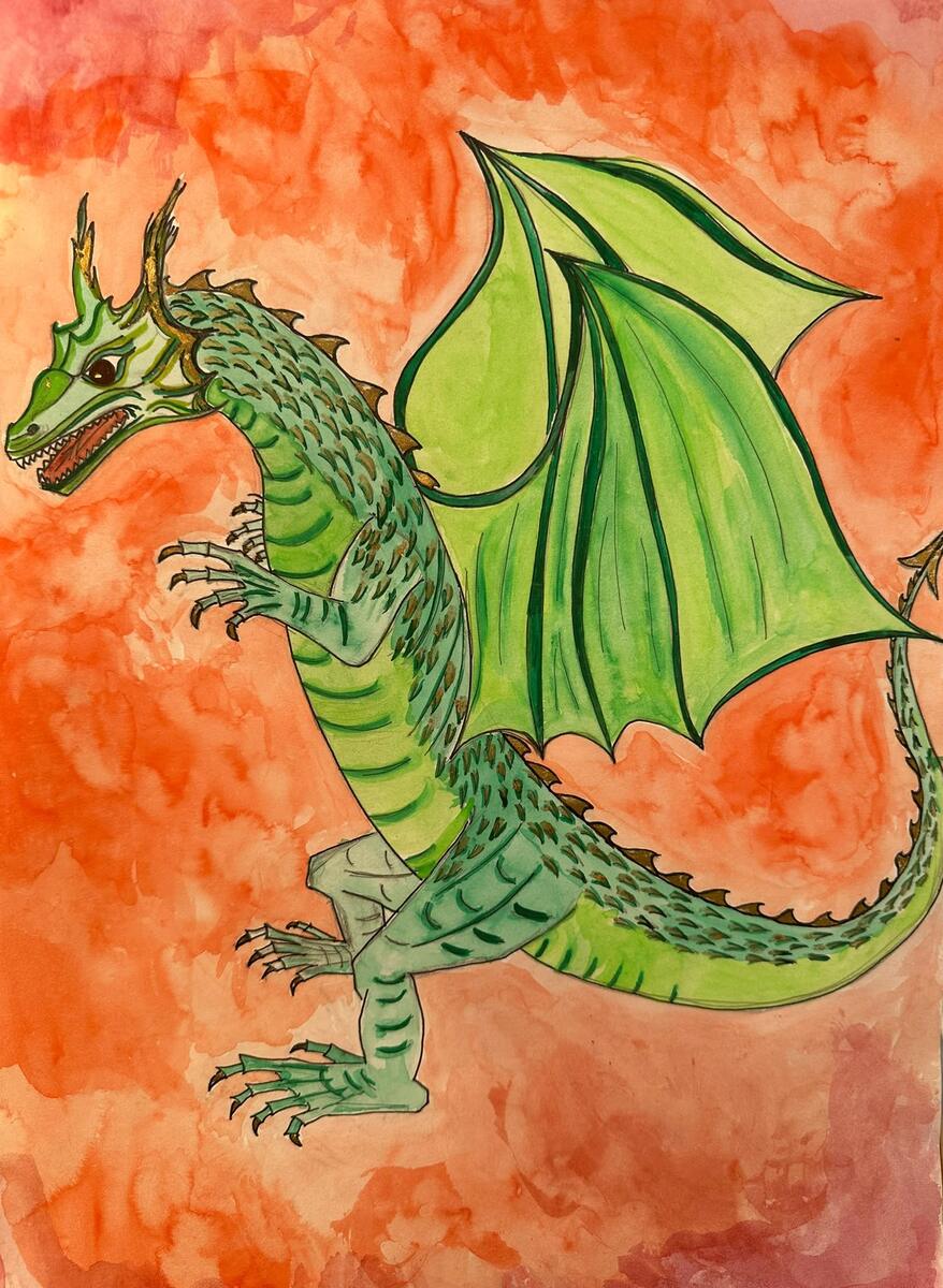 Grüner Drache vor orangefarbenem Hintergrund
