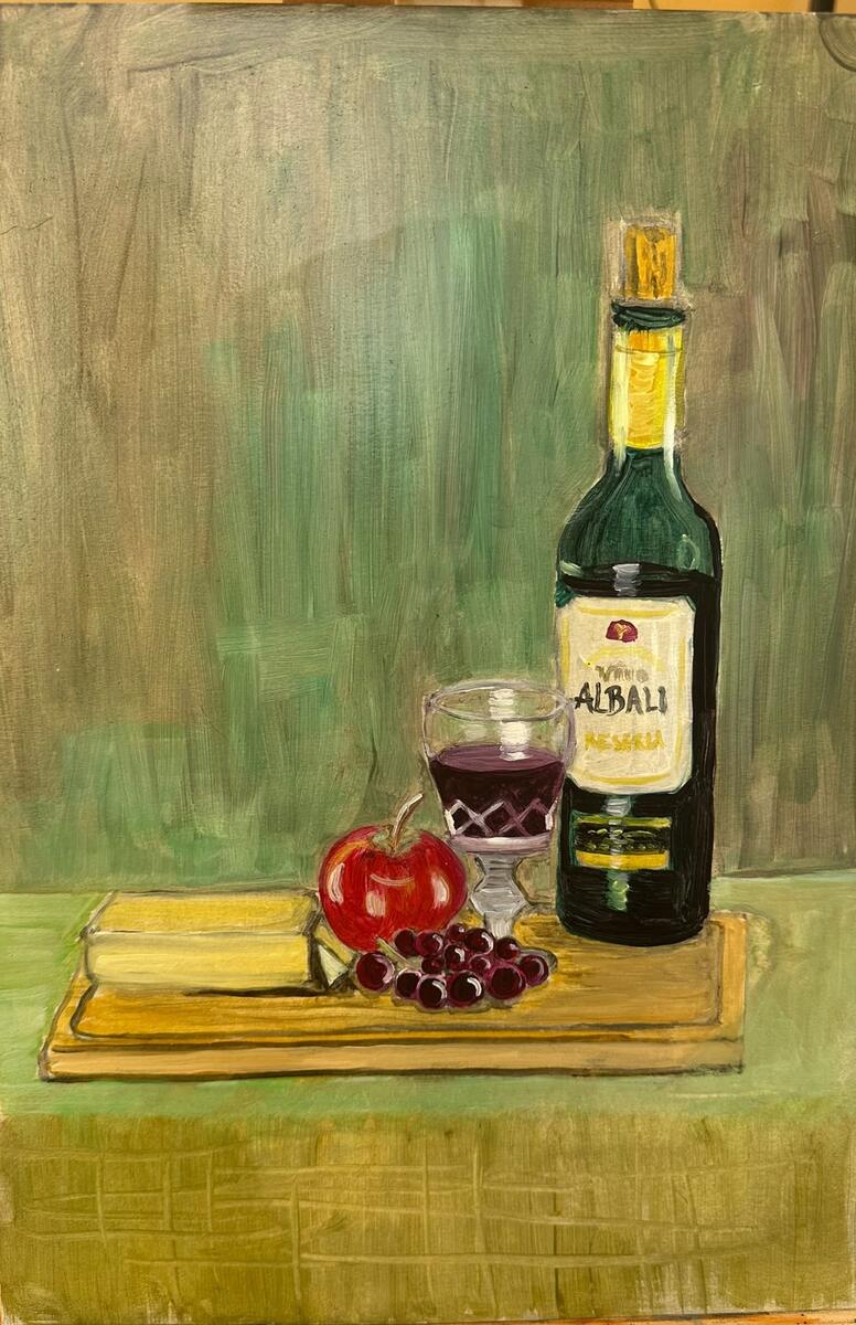 Stillleben mit Weinflasche, Glas und Trauben