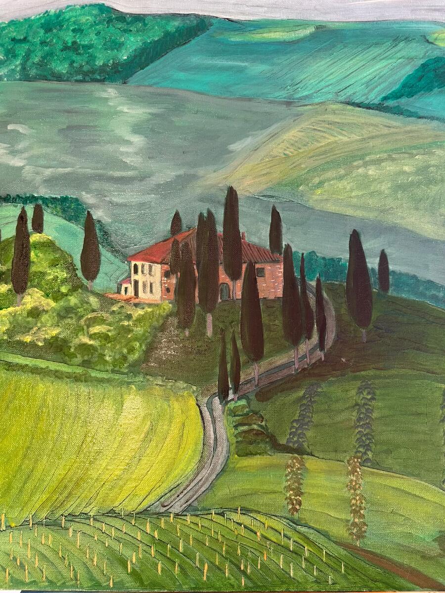 Toskanische Landschaft mit Landhaus und Zypressen