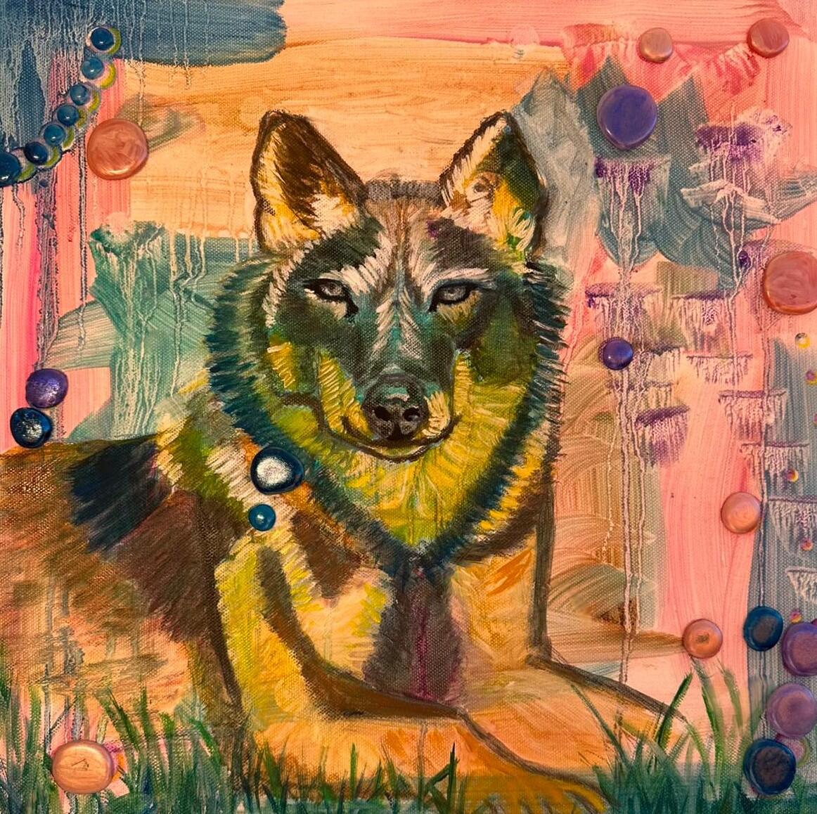 Wolfsporträt mit surrealen Farbelementen